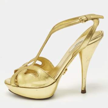Pre Owned Prada Size 36.5 Metallic Gold Leather T Strap Platform Sandals