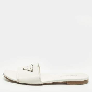Pre Owned Prada Size 38 White Leather Triangle Logo Detai Flat Sandals