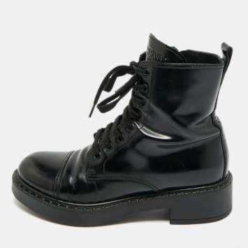 Pre Owned Prada Size 37.5 Black Leather Combat Boots