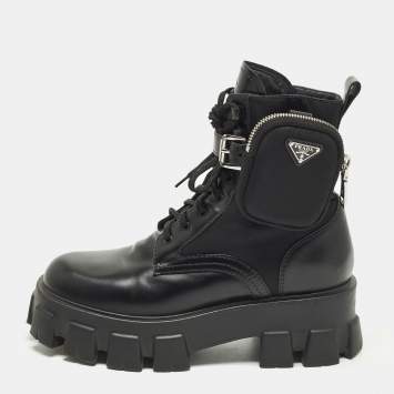 Pre Owned Prada Monolith Size 39 Black Leather and Nylon Combat Boots