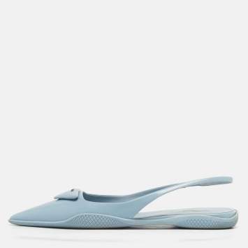 Pre Owned Prada Size 40 Blue Leather Triangle Logo Slingback Flats