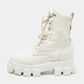 Pre Owned Prada Monolith Size 39 White Leather and Nylon Combat Boots
