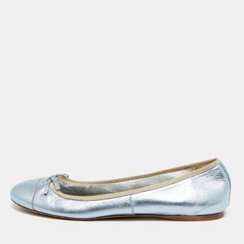 Pre Owned Prada Size 39.5 Metallic Blue Leather Bow Ballet Flats