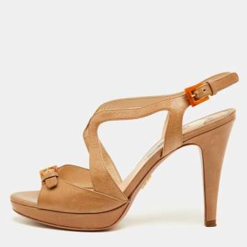 Pre Owned صندل برادا سير كاحل قاعدة سميكة جلد بيج مقاس 37