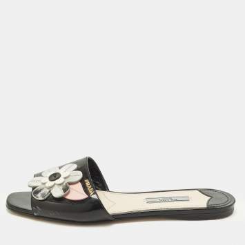 Pre Owned Prada Motif Flower Size 37 Black Patent Leather Flat Slide