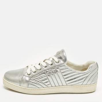Pre Owned Prada Size 39.5 Silver Diagramme Leather Low Top Sneakers