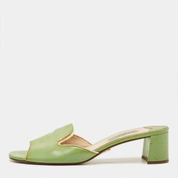Pre Owned Prada Size 37.5 Green Saffiano Leather Slide Sandals