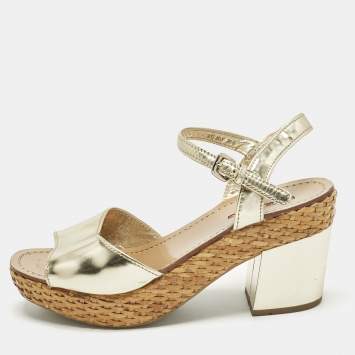 Pre Owned Prada Size 39.5 Gold Leather Platform Ankle Strap Sandals