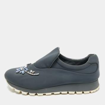 Pre Owned Prada Catch Me If You Can Size 39 Grey Neoprene Crystal Embellished Slip On Sneakers