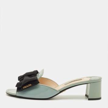 Pre Owned Prada Size 37 Blue Patent Leather Suede Bow Slide Sandals 