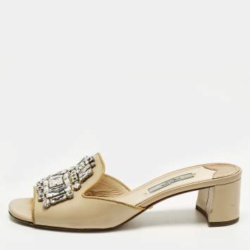 Pre Owned Prada Saffiano Size 35 Beige Patent Leather Crystal Embellished Block Heel Slide Sandals