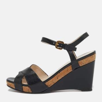 Pre Owned Prada Size 39.5 Black Leather Crisscross Wedge Sandals