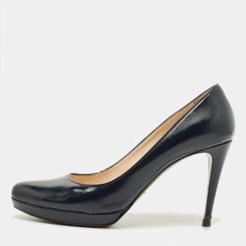 Pre Owned Prada Size 39.5 Navy Blue Saffiano Leather Platform Pumps