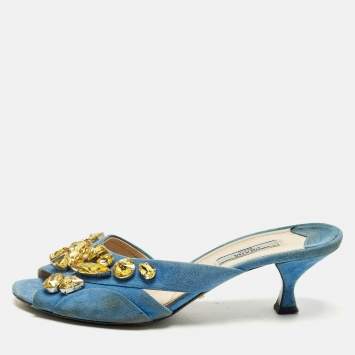 Pre Owned Prada Size 38 Blue Suede Crystal Embellished Slide Sandals