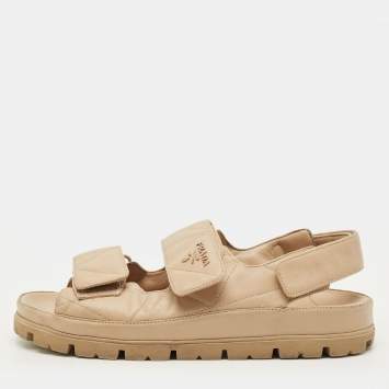 Pre Owned Prada Size 38.5 Beige Leather Velcro Slide Sandals