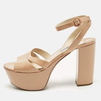 Pre Owned Prada Size 39.5 Beige Patent Leather Platform Block Heel Ankle Strap Sandals