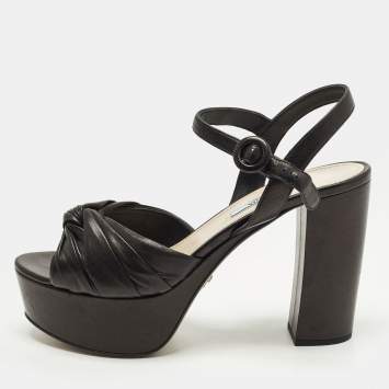 Pre Owned Prada Size 38 Black Leather Platform Ankle Strap Sandals