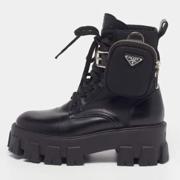 Pre Owned Prada Monolith Size 36 Black Leather And Nylon Ankle Length Boots