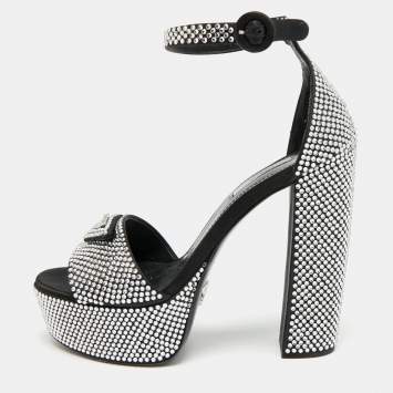 مملوكة مسبقًا Prada Size 38 Black Satin Crystal Embellished Platform Ankle Strap Sandals