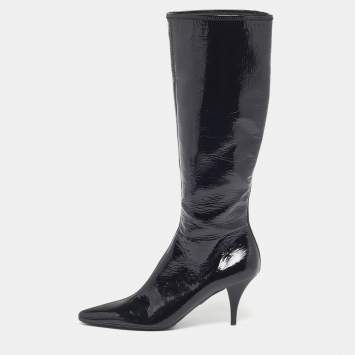Pre Owned Prada Size 39 Black Patent Leather Pointed Toe Knee Length Boots