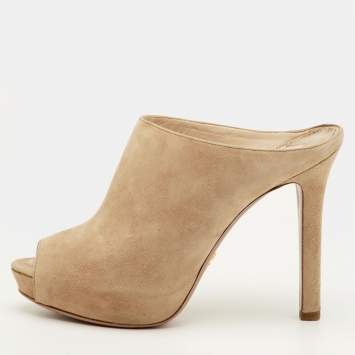 Pre Owned Prada Size 38 Beige Suede Peep Toe Platform Mules