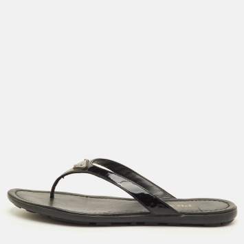 Pre Owned Prada Triangle Logo Size 37 Black Patent Leather Thong Flats