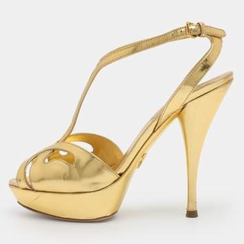 Pre Owned صندل برادا حزام على شكل T جلد ذهبي معدني مقاس 36