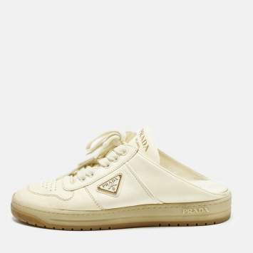 Pre Owned Prada Size 37.5 Cream Leather Sneaker Mules