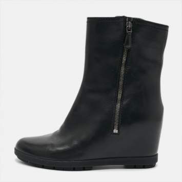 مملوكة مسبقًا بوت برادا سويدي أسود مقدمة مفتوحة كعب روكي مقاس 36