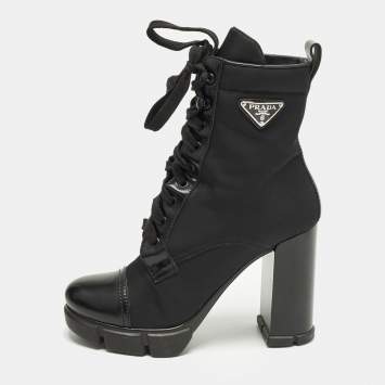 Pre Owned Prada Monolith Size 38 Black Leather Nylon Ankle Length Boots
