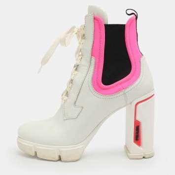 مملوكة مسبقًا Prada Size 41 White/Pink Leather Neoprene Ankle Length Boots