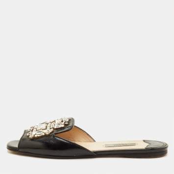 Pre Owned Prada Size 37 Black Patent Leather Crystal Embellished Flat Slide Sandals