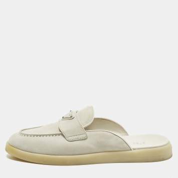 Pre Owned Prada Size 38.5 Grey Suede Logo-Plaque Flat Mules