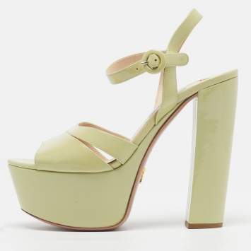 Pre Owned Prada Size 38.5 Pale Green Patent Leather Platform Ankle Strap Sandals