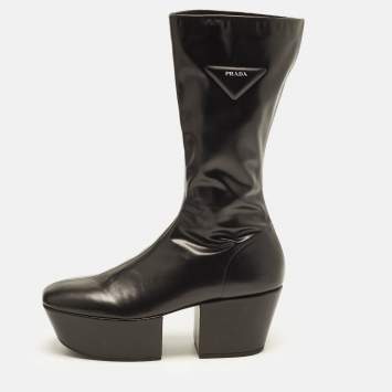 Pre Owned Prada Size 40.5 Black Leather Platform Mid Calf Boots
