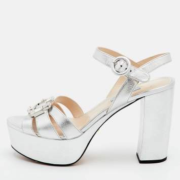 Pre Owned Prada Size 38.5 Silver Leather Platform Ankle Strap Sandals