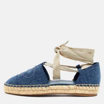 مملوكة مسبقًا Prada Size 35 Blue Denim Ankle Wrap Espadrille Flats
