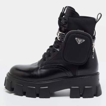 مملوكة مسبقًا  Prada Monolith Size 39 Black leather and Re-Nylon Combat Boots With Pouch