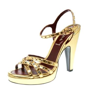 Pre Owned Prada Gold Leather Studded Platform Ankle Strap Sandals Size 36