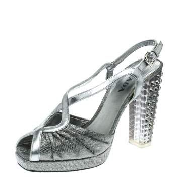 Pre Owned Prada Silver Fabric and Leather Crystal Embellished Slingback Sandals Size 36