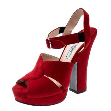 Pre Owned Prada Red Suede Leather Open Toe Ankle Strap Sandals Size 38