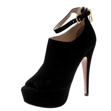 Pre Owned Prada Black Suede Peep Toe Ankle Strap Platform Booties Size 37