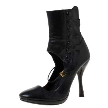 Prada Black Leather Mary Jane Ankle Boots Size 37