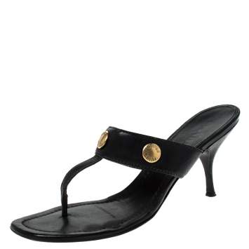 Pre Owned Prada Black Leather Studded Thong Sandals Size 38