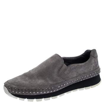 Pre Owned Prada Sport Grey Suede Crystal Embellished Slip On Sneakers Size 39.5