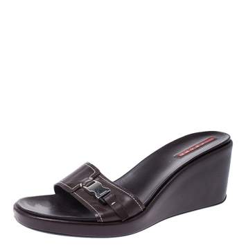 Pre Owned  Prada Dark Brown Leather Platform Wedge Slides Sandals Size 39