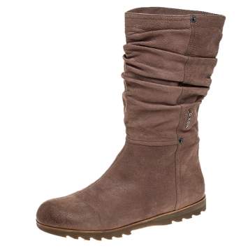 Pre Owned Prada Sport Beige Textured Nubuck Slouch Mid Calf Flat Boots Size 38