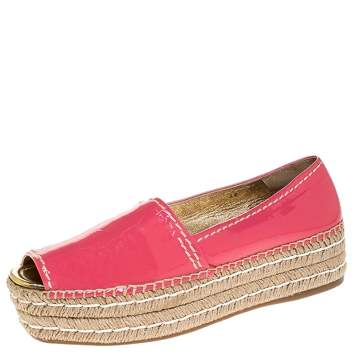 Pre Owned Prada Pink Patent Leather Peep Toe Platform Espadrilles Size 40