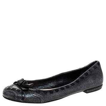 Prada Grey Textured Leather Bow Ballet Flats Size 39.5