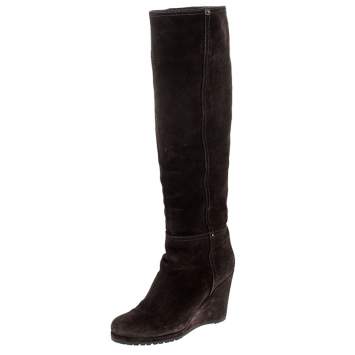 Pre Owned Prada Brown Suede Knee Length Wedge Boots Size 37.5